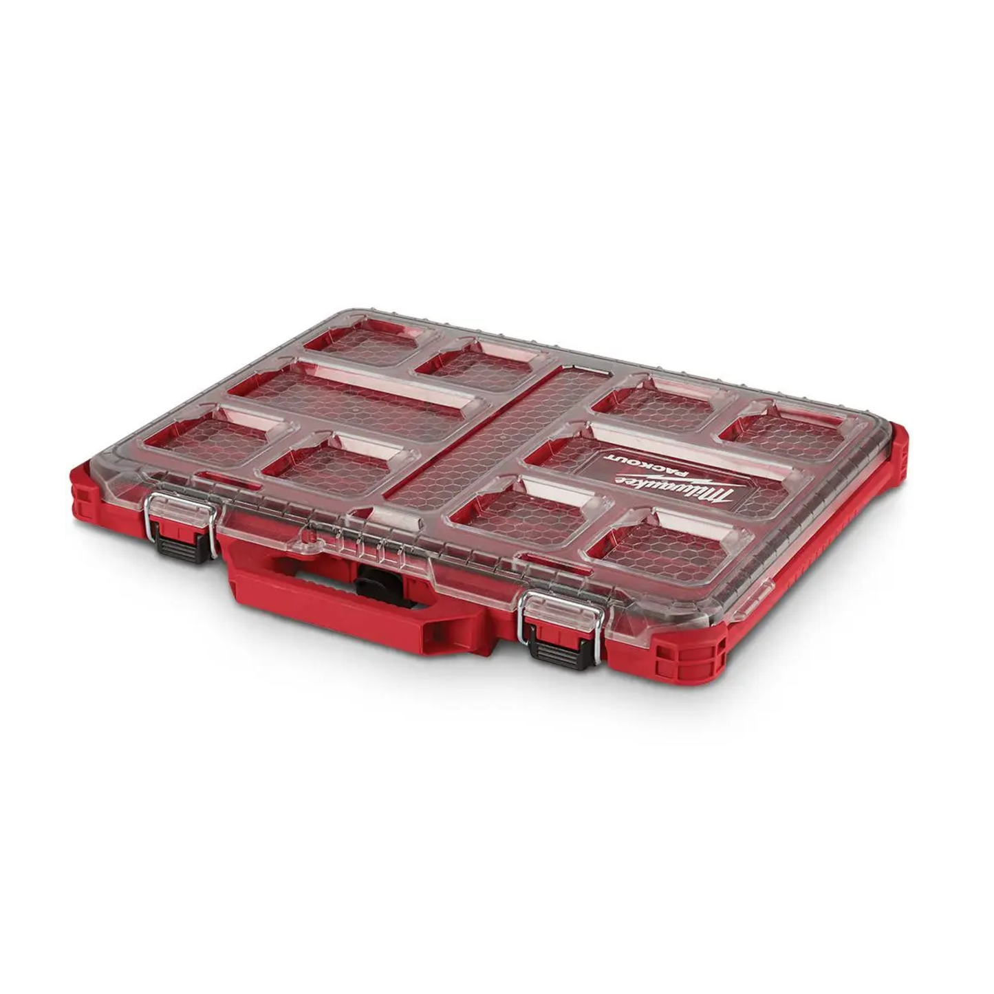 Milwaukee packout, custom letter handle lable front view low profile organiser