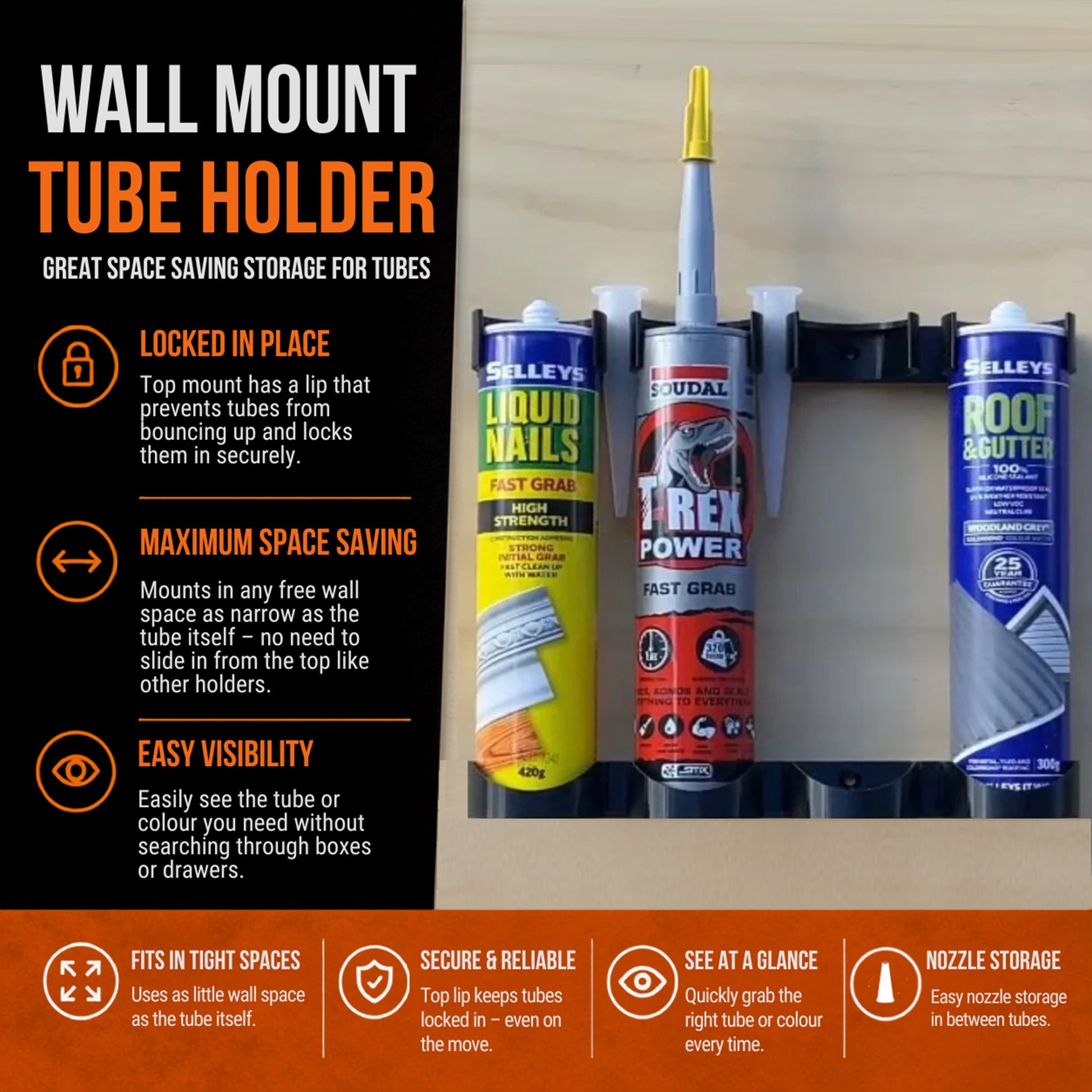 Silicone tube wall mount for tool trailers and workshops space saving