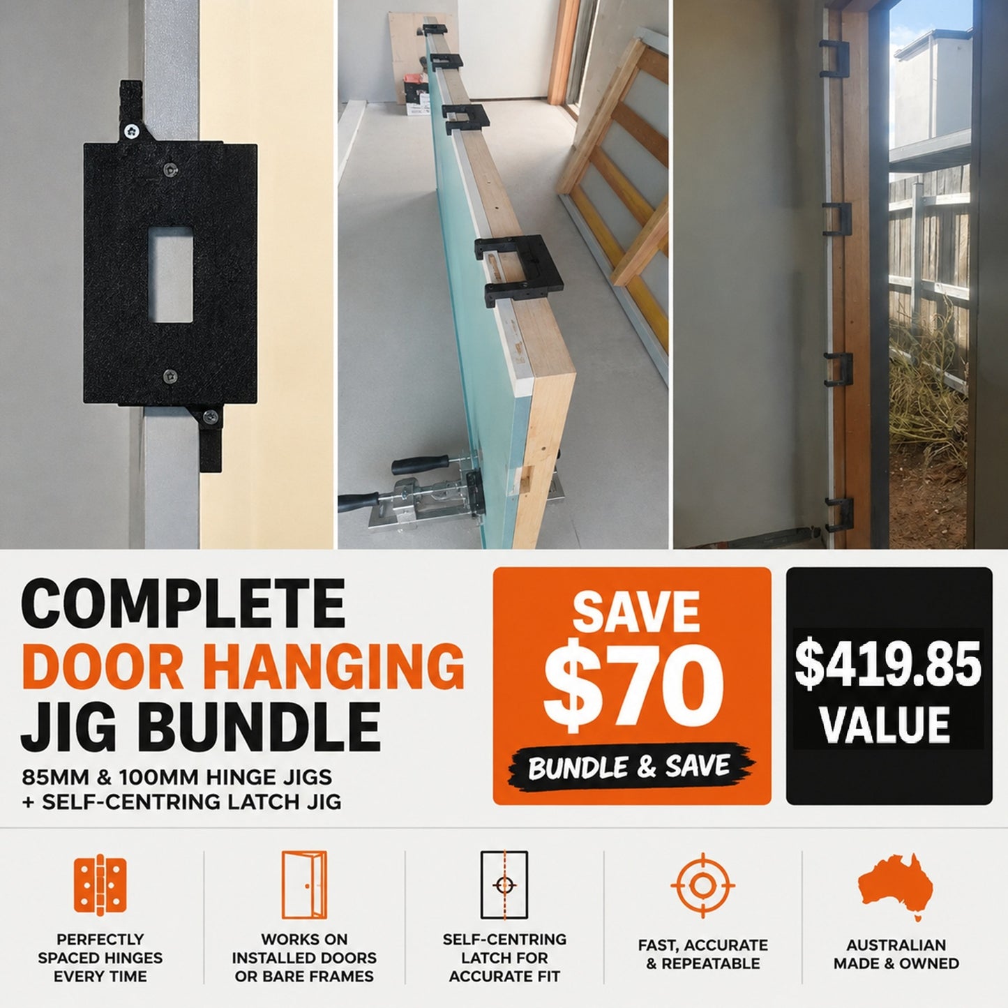Door Hanging Jig Bundle – 85mm & 100mm Hinge Jigs + Self-Centering Latch Jig